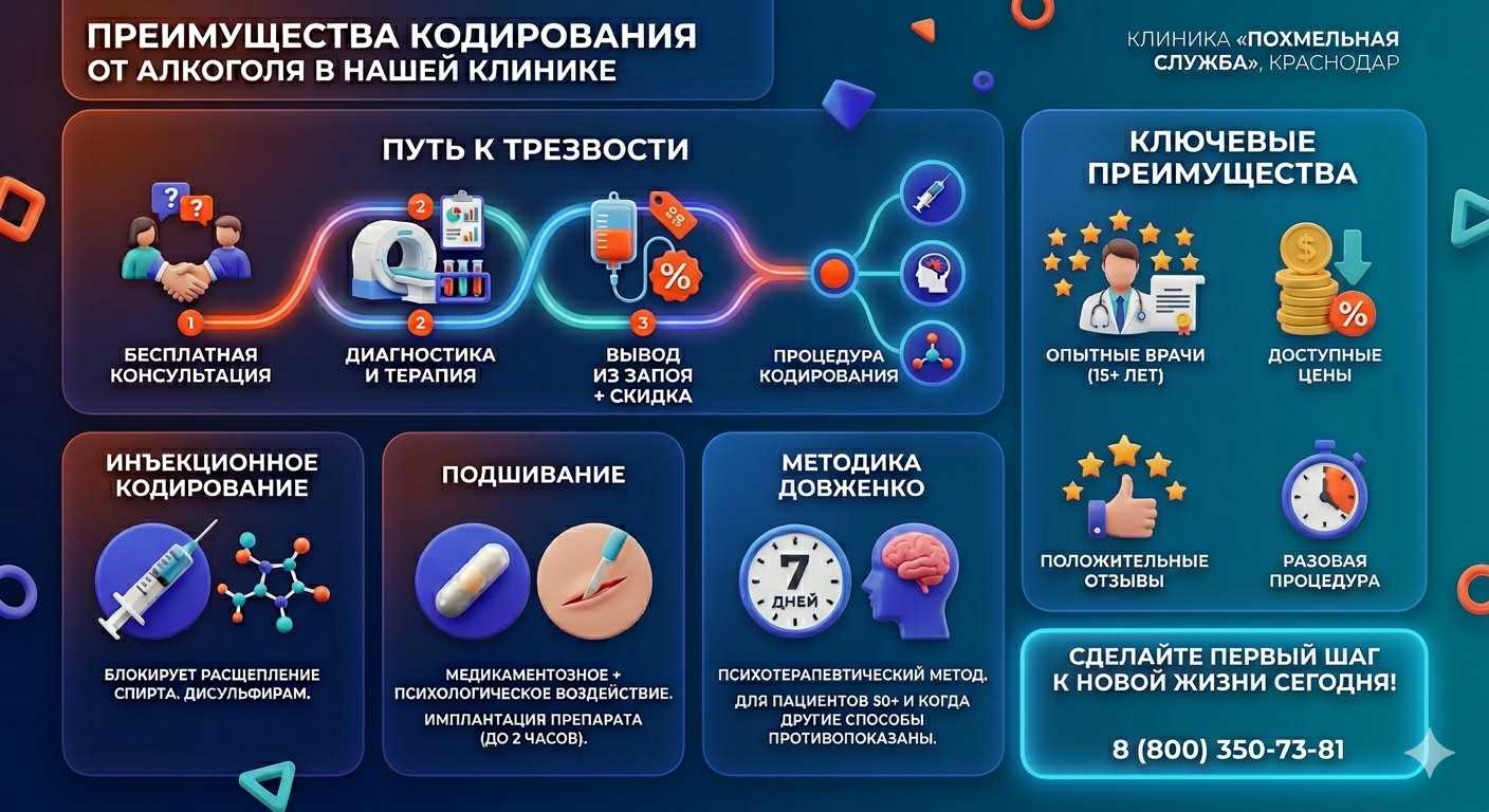 Инфографика о методах кодирования от алкоголя в Кушве: инъекции, подшивание, метод Довженко. Преимущества клиники и этапы лечения.